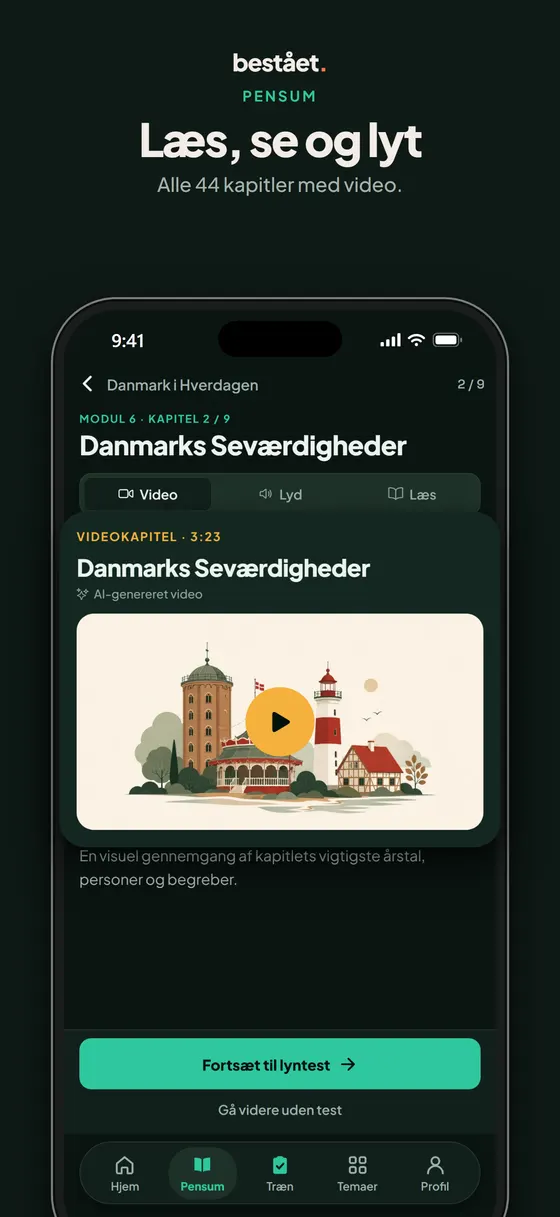 Skærmbillede: kapitel med video, oplæsning og tekst