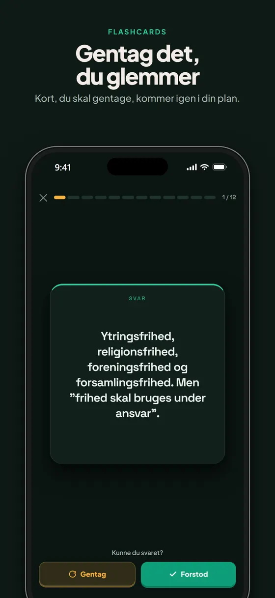 Skærmbillede: flashcard med knapper til gentag og forstod