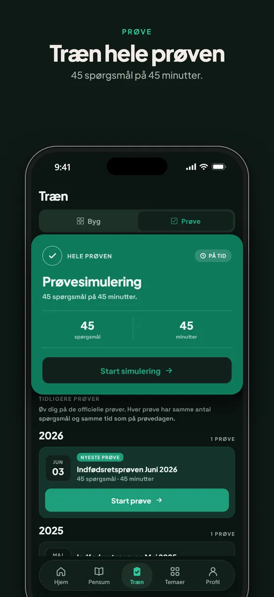 Skærmbillede: prøvesimulering og tidligere prøver